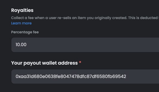 Section with the payout address on Opensea